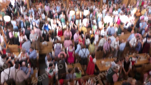 Preview: Inside A Crowded Beer Tent At The Munich Oktoberfest ('Wiesn'), People Wearing Traditional Costumes