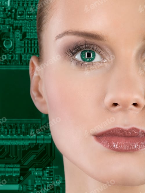 Preview: Woman With Circuit Board Reflecting In Eye
