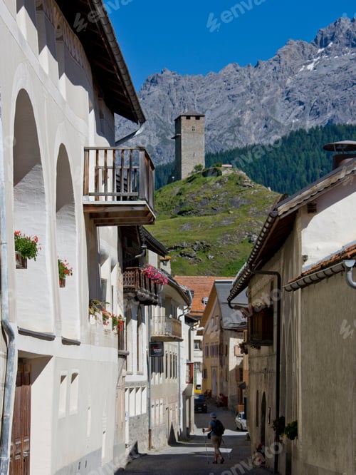 Preview: Via Maestra In Ardez With Ruin Of Castle Steinberg In Background, Ardez, Lower Engadine, Grisons