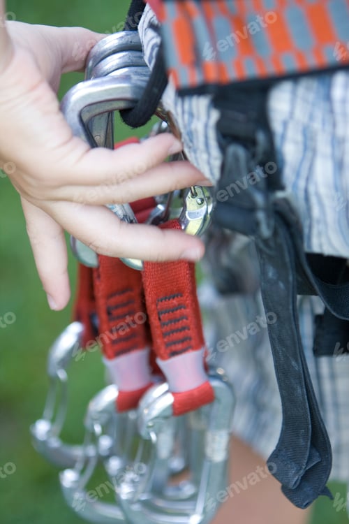 Preview: A Selection Of Karabiners On A Climbing Harness