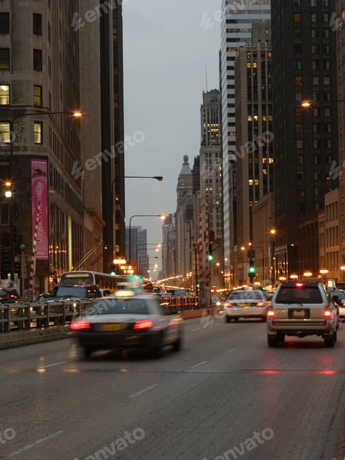 Preview: Traffic On Michigan Avenue North Bound At Night, Chicago, Illinois, United States