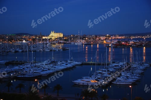 Preview: Marina And Cathedral Of Palma De Mallorca At Night, Mallorca, Spain