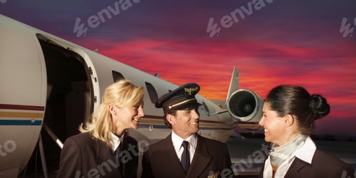 Preview: Flight Crew Smiling In Front Of Airplane On Tarmac At Dusk