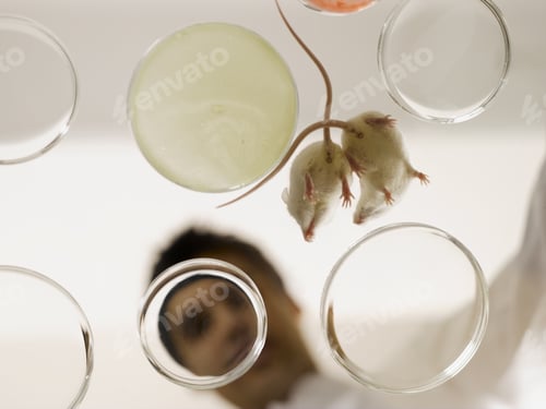 Preview: Low Angle View Of Scientist Looking At Laboratory Mice And Petri Dishes