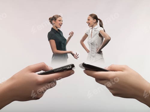 Preview: Digital Composite Of Young Women Talking From Cell Phones, Studio Shot
