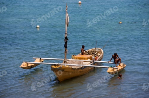 Preview: Children On Outrigger Boat At The Harbor Of Moroni, Grand Comore Island, Ngazidja, Comores, Africa