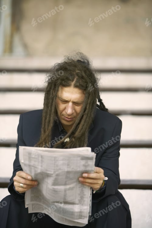 Preview: View Of Man With Dreadlocks Reading The Newspaper