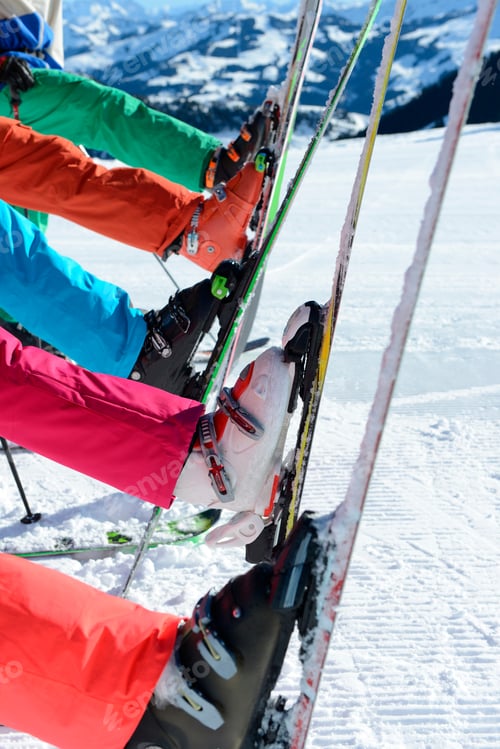 Preview: Low Section Of Teenagers In A Row On Skiing Holiday, Tirol, Austria, Europe