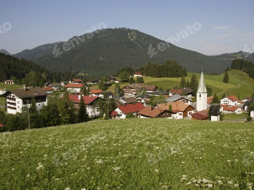 Preview: Scenic View Of Village In Mountain Valley, Jungholz, Austria, Allgaeu, Germany,