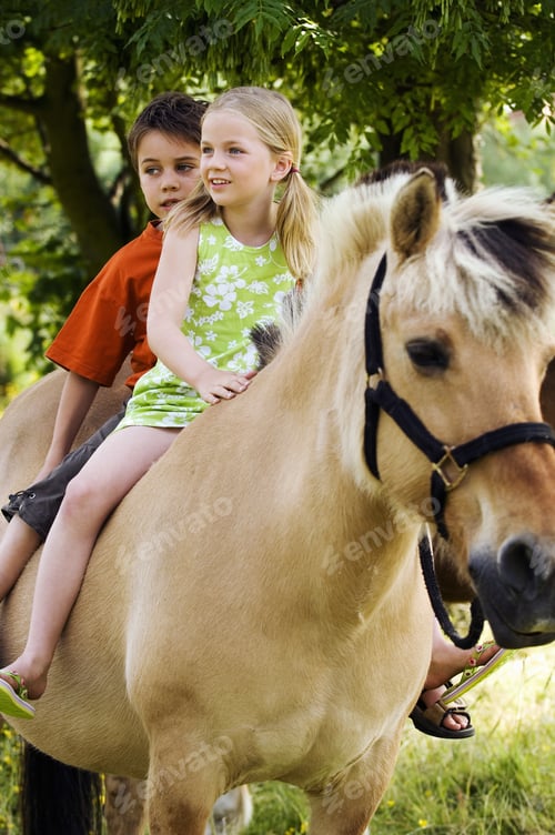 Preview: Girl And Boy Riding Horse Bareback In Pasture