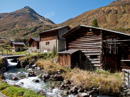 Preview: Mountain Huts By A Stream, Sertig Valley, Davos, Grisons, Switzerland