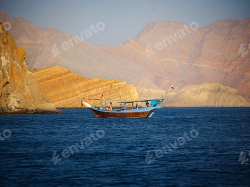 Preview: Dhow In Front Of Mountain Face, Musandam Peninsula, Exclave Of Oman