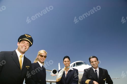 Preview: Low Angle View Of Flight Crew Standing Next To Airplane On Tarmac