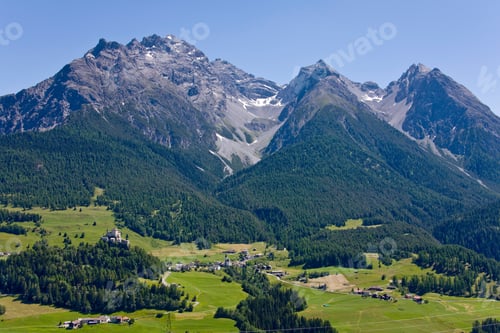 Preview: View To Fontana And Tarsp Castle, Lower Engadine, Grisons, Switzerland