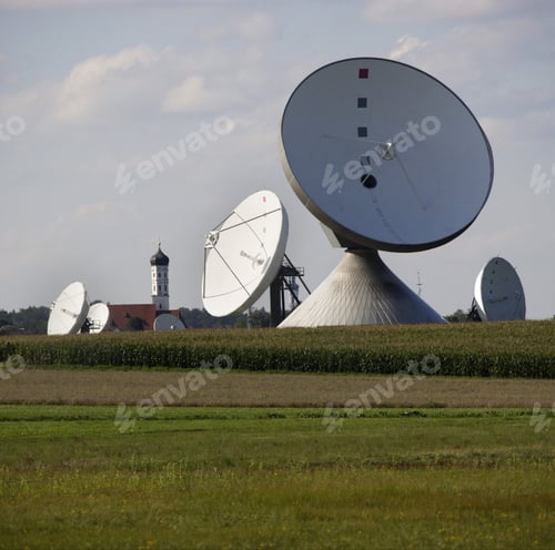 Preview: Parabolic Antenna Satellite Dishes In Corn Field, Raisting, Bavaria, Germany