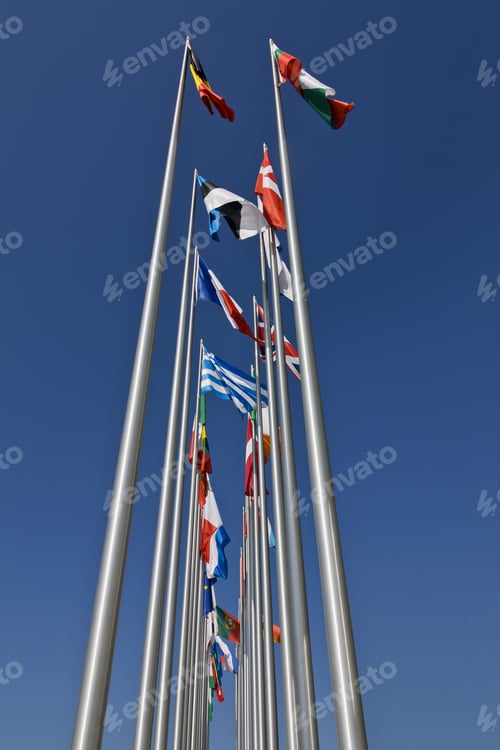 Preview: Two Rows Of Flag Posts With Different Flags, Bregenz, Austria