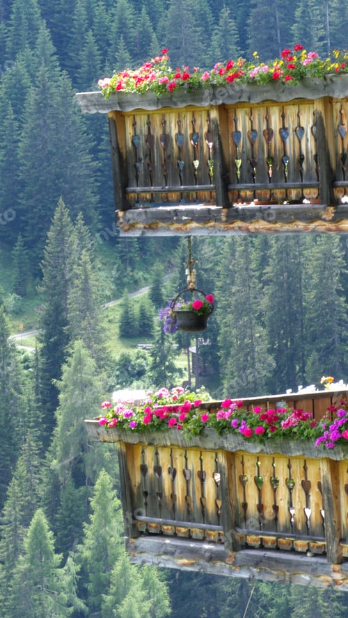 Preview: Traditional Wooden Balcony With Flowers, Sertigtal, Davos, Grisons, Switzerland, Europe