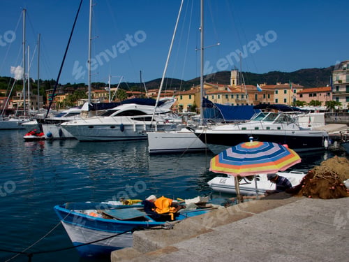 Preview: Harbor With Boats At Porto Azzurro, Island Of Elba, Province Of Livorno, Tuscany, Italy