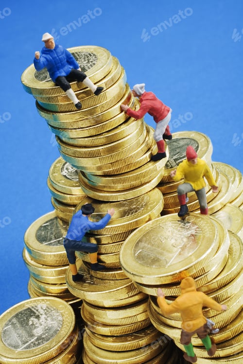 Preview: Mountain Climber Figurines On Stack Of One Euro Coins