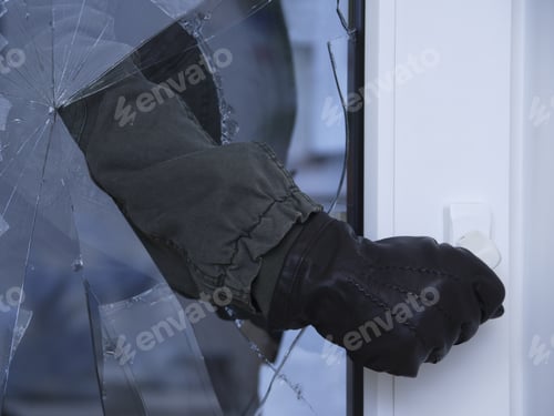 Preview: Burglar Reaching Through Broken Glass On Door