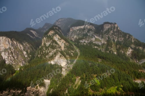 Preview: Rainbow And Mountainous Massif, Engadin, Grisons, Switzerland