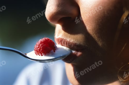 Preview: Woman Eating Yoghurt With Raspberry