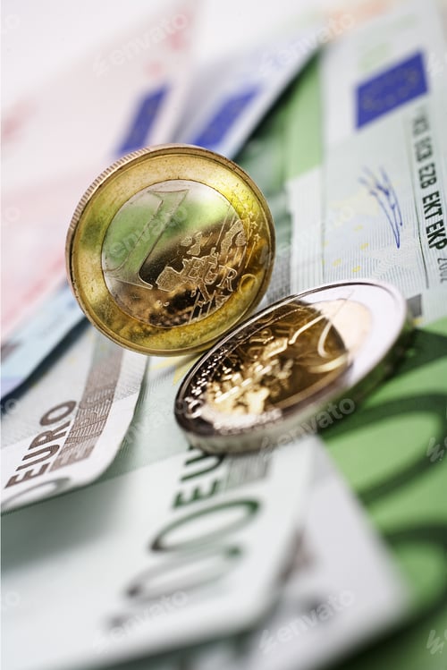 Preview: Close Up Of Assorted Euro Banknotes And Coins