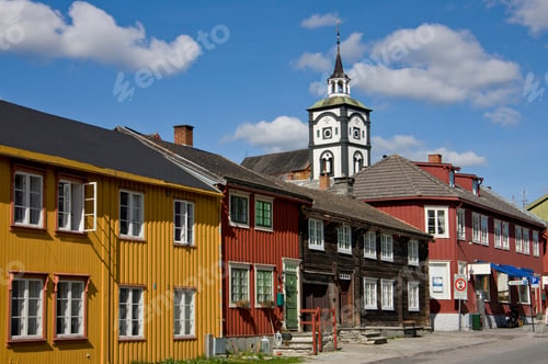 Preview: Row Of Houses And Church Tower In Roros, Sor-Trondelag, Trondelag, Norway
