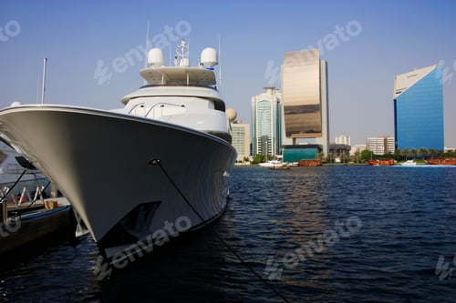 Preview: Luxury Yacht And Modern Buildings At Dubai Creek, Dubai, United Arab Emirates