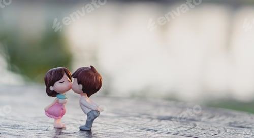 Preview: Couple Dolls In Love Romantic Kiss With Nature Background And Sunlight, Valentine'S Day Concept