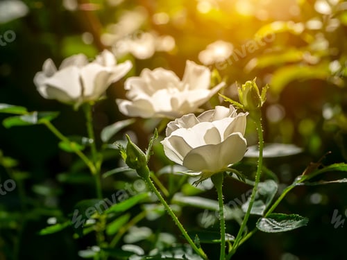 Preview: Close Up Mini White Fairy Rose Flower (Scietific Name Rosa Chinensis Jacq) With Sunlight On Blur