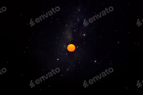 Preview: Orange Sun With Milky Way And Star In The Dark Sky.