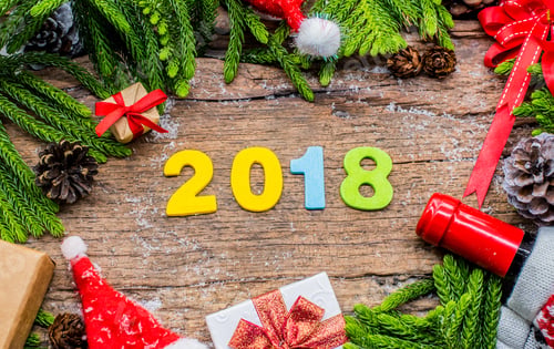 Preview: Happy New Year 2018 On Wood Background. Flat Lay With Christmas Decoration.
