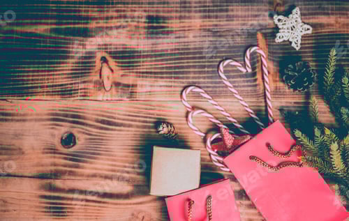 Visualização: Feliz Natal e Feliz Ano Novo. Férias de inverno com árvore de Natal e decoração. Compras