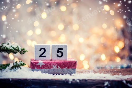 Preview: Merry Christmas And Happy New Year, Winter Season. Gift Box With Copy Space For Text