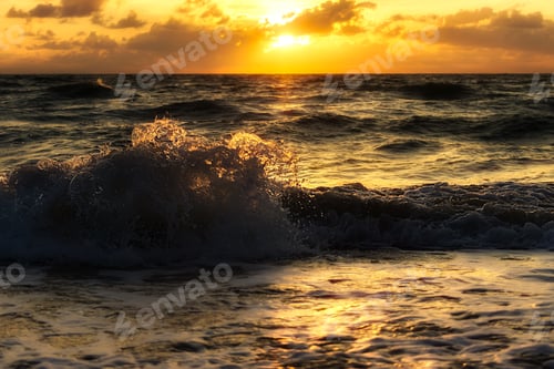 Preview: Motion And Glow Wave On The Beach With Morning Cloud In Sunrise Sky.