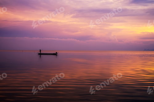 Preview: Minimal Silhouette Fisherman On The Lake With Pastel Color In The Sky.