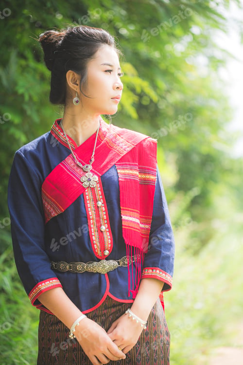 Preview: Portrait Of Asian Girl With Thai Local Traditional Dress, Famous In Countryside Of Thailand