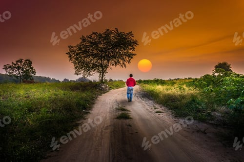 Preview: Man Walking Alone At Country Way.