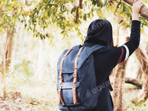 Preview: Photographer And Adventure In Nature Concept From Beauty Long Hair Asian Woman In Warm Suit And