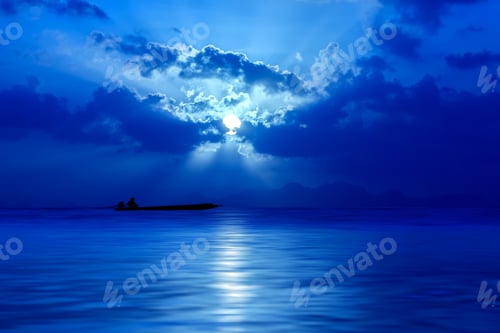 Preview: Silhouettes Of Minimal Fisherman At The Lake In Blue Color., Thailand.