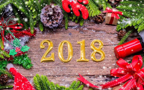 Preview: Happy New Year 2018 On Wood Background. Flat Lay With Christmas Decoration.