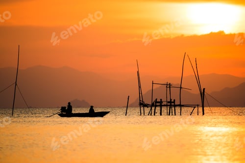 Preview: Silhouettes Of Minimal Fisherman At The Lake, Thailand.