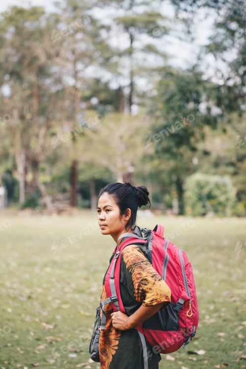Preview: Traveler Backpacker Asian Woman With Nature Background , Concept