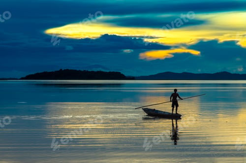 Preview: Beautiful Sky And Silhouettes Of Fisherman At The Lake, Thailand.