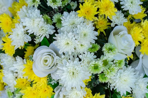 Preview: Close Up Chrysanthemum And White Rose Flower In The Wedding Background.