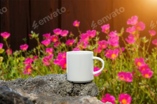 Preview: Morning Coffee On The Rock And Pink Flower.