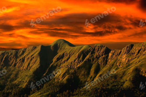 Preview: Big Mountain In The Summer With Orange Cloud At Nern Chang Puarg, Kanchanaburi Province, Thailand.