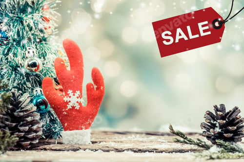 Preview: Merry Christmas And Happy New Year, Winter Season With Snow And Decoration. Sale Price Tag For