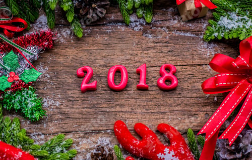 Preview: Happy New Year 2018 On Wood Background. Flat Lay With Christmas Decoration.